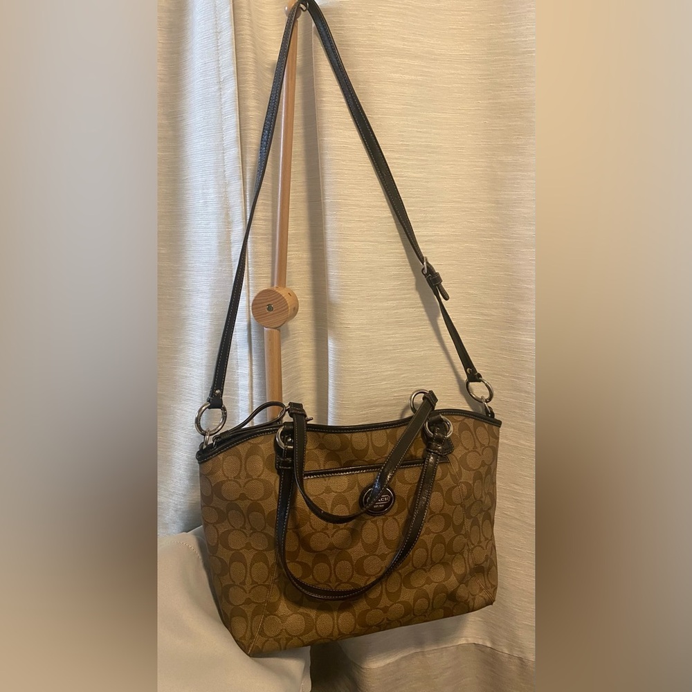 Coach Tan and Brown Signature Shoulder Or Arm Bag